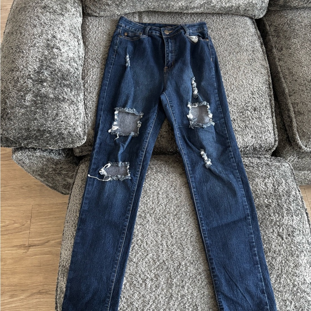 Fashion Nova Dark Blue Distressed Skinny Jeans